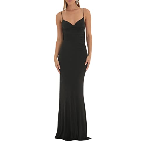 Achlibe Langes Sommerkleid, rückenfrei, elegant, Spaghettiträger, Wasserfallkragen, Cocktailkleid, Party, Club-Kleid, A-schwarz, Small von Achlibe