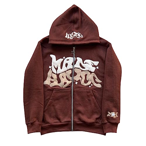 Achlibe Männer Frauen Y2k Zip up Hoodie Jacke Mantel Goth Grafiken Harajuku Kapuze Zipper Pullover Strickjacke Sweatshirt (A-Brown, M) von Achlibe