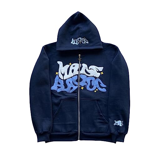 Achlibe Männer Frauen Y2k Zip up Hoodie Jacke Mantel Goth Grafiken Harajuku Kapuze Zipper Pullover Strickjacke Sweatshirt (A-Navy, M) von Achlibe