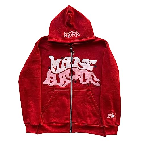 Achlibe Männer Frauen Y2k Zip up Hoodie Jacke Mantel Goth Grafiken Harajuku Kapuze Zipper Pullover Strickjacke Sweatshirt (A-Red, M) von Achlibe