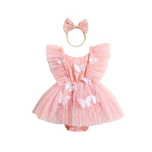 Achlibe Neugeborenes Baby Mädchen Kleid Niedlich 3D Schmetterling Fliegenärmel Mesh Strampler Kleid mit Schleife Stirnband Fotoshooting-Kleid, A-Pink, 6-12 Monate von Achlibe