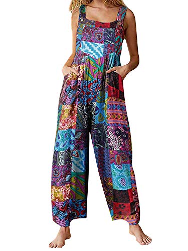 Achlibe Sommer Casual Damen Ärmellos Boho Floral Baggy Overall Lang Jumpsuit Playsuit Hose Latzhose Strampler, blau, 54 von Achlibe