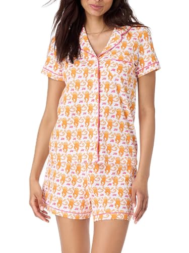 Achlibe Süßer Sommer-Pyjama für Damen, Loungewear-Set, Y2K-Grafikdruck, kurzärmelig, Hemd und Shorts, Pyjama-Set, A-orangefarbener Affe, 46 von Achlibe