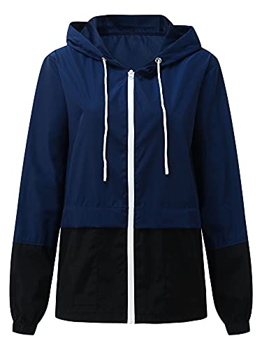 Achlibe Wasserdichte Regenjacke mit Reißverschluss und Kordelzug, für Damen, verstaubarer Windbreaker, Nevy Blue Black, 48 von Achlibe