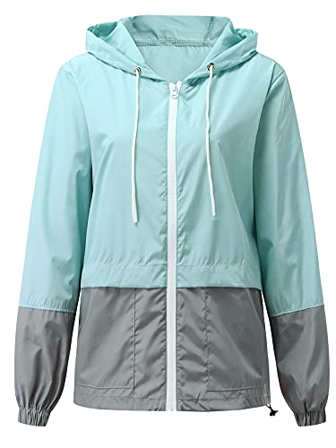 Achlibe Wasserdichte Regenjacke mit Reißverschluss und Kordelzug, für Damen, verstaubarer Windbreaker, blau / grau, 36 von Achlibe