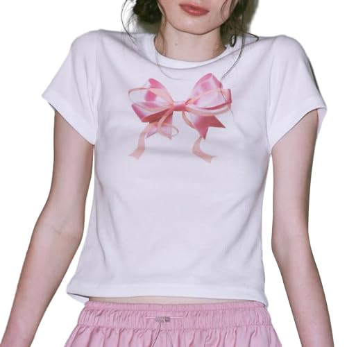 Achlibe Y2k Damen-T-Shirt, kurzärmelig, Rundhalsausschnitt, enges Crop-Top, zum Ausgehen, T-Shirt, ästhetische Kleidung, C-rosa Schleife, M von Achlibe