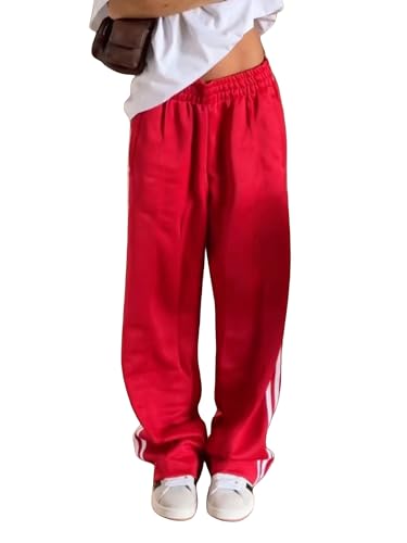 Achlibe Y2k Damen-Trainingshose mit seitlichem Streifen, elastische Taille, gerades Bein, lässige Jogginghose mit Kordelzug, A-a-rot, M von Achlibe