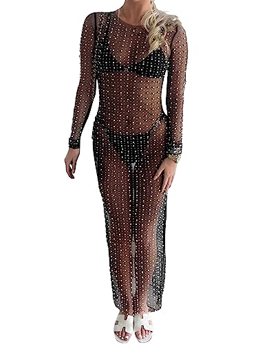 Frauen Sheer Mesh Perle Overlay Strass Strand Bikini Cover up Kleid Sarong Urlaub Party Club Badeanzug, A-A-A-schwarz, M von Achlibe