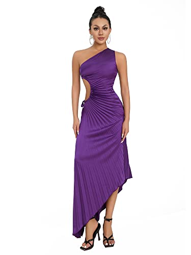 Damen EIN-Schulter-Kleid mit ausgeschnittenem Taillenbereich und plissiertem Saum, asymmetrisches formales Kleid für Hochzeitsgäste (A-Purple, M) von Achlibe