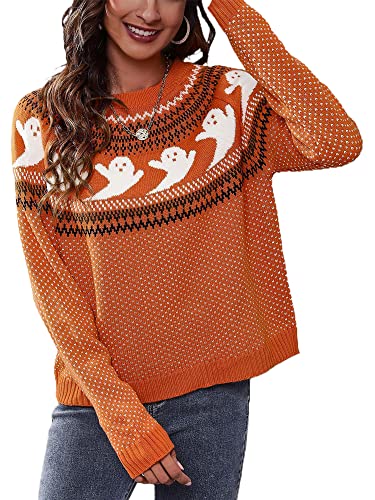 Damen-Pullover, gestrickt, Geistermuster, Rundhalsausschnitt, lange Raglanärmel, Strickwaren, Orange, L von Achlibe