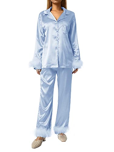 Damen-Nachtwäsche, Feder-Dekoration, lange Ärmel, Knopfleiste, Reverskragen, Tops + Hose, Pyjama-Set, seeblau, Large von Achlibe