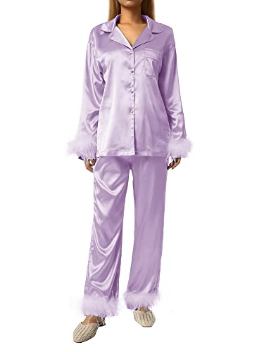 Damen-Nachtwäsche, Feder-Dekoration, lange Ärmel, Knopfleiste, Reverskragen, Tops + Hose, Pyjama-Set, violett, 46 von Achlibe