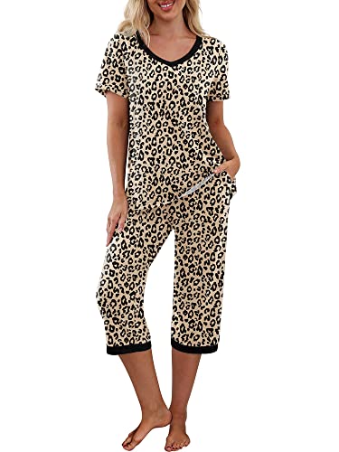 Damen Pyjama Set Kurzarm V Ausschnitt T-Shirt und Caprihose Nachtwäsche Kontrastfarbe Loungewear Homewear Outfits, Leopard Khaki, 46 von Achlibe