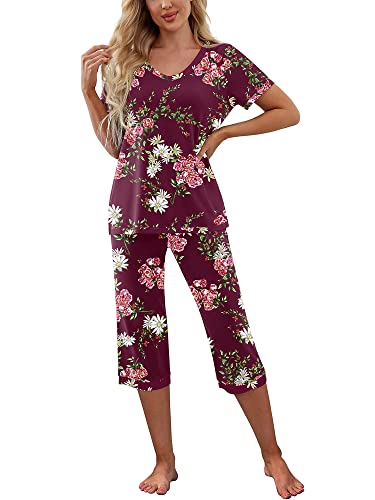 Damen Pyjama Set Kurzarm V Ausschnitt T-Shirt und Caprihose Nachtwäsche Kontrastfarbe Loungewear Homewear Outfits, Weinrote Blume, 38 von Achlibe