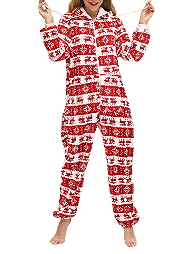 Damen-Schlafanzug, Weihnachtsmotiv, Hirsch, Schneeflocke, Reißverschluss, Kapuzen-Fleece, Einteiler, langärmelig, Overall, Nachtwäsche, Outfit, Rentier, Rot, 38 von Achlibe