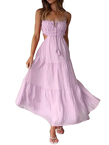 Damen Sommer Cut-Out-Rückenfreies Maxikleid Y2K Spaghettiträger Hohl Fließend Offener Rücken Zum Binden Resort-Kleid (A-Purple, S) von Achlibe