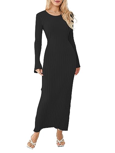 Damen Strick Langarmkleid Y2k Rundhalsausschnitt Gerippt Einfarbig Enganliegendes Herbst Maxikleid (A-a-Black, S) von Achlibe