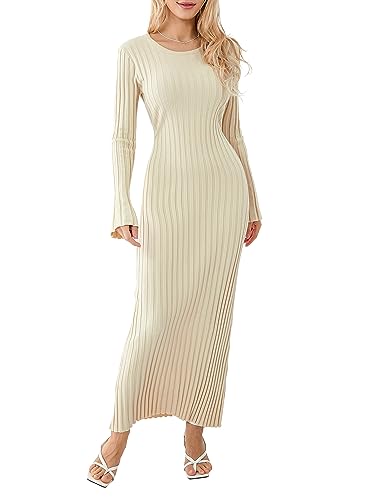 Damen Strick Langarmkleid Y2k Rundhalsausschnitt Gerippt Einfarbig Enganliegendes Herbst Maxikleid (A-e-Apricot, S) von Achlibe