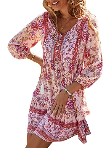 Frauen Boho Floral Swing Flowy Quaste V Ausschnitt Strand Minikleid Sommer Casual Tunika Hemd A-Linie Kleid, A-Pink, 42 von Achlibe