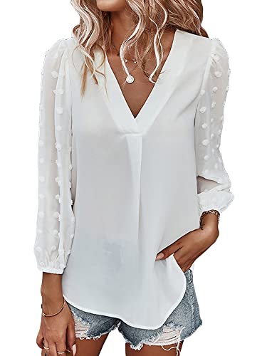 Frauen Chiffon Shirts Langarm V Ausschnitt Lose Pullover T-Shirt Tops Baggy Basic Tunika Bluse, A-b-weiß, 46 von Achlibe