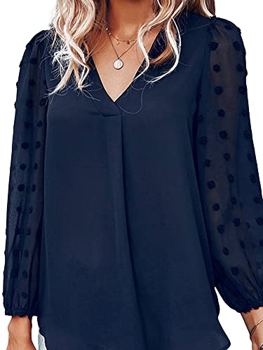 Frauen Chiffon Shirts Langarm V Ausschnitt Lose Pullover T-Shirt Tops Baggy Basic Tunika Bluse, A-f-marineblau, 36 von Achlibe