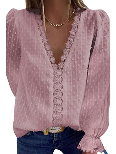 Frauen Chiffon Shirts Langarm V Ausschnitt Lose Pullover T-Shirt Tops Baggy Basic Tunika Bluse, B-c-pink, 36 von Achlibe