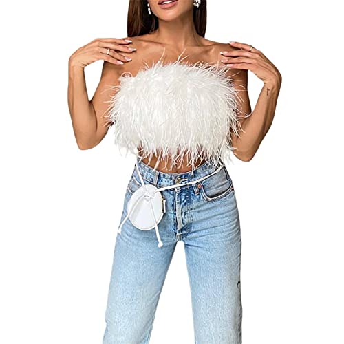 Frauen Faux Pelz Feder Crop Tank Tops Sommer Ärmellos Flauschige Tops Solide Trägerlos Rückenfrei Bustiers Top, weiß, M von Achlibe