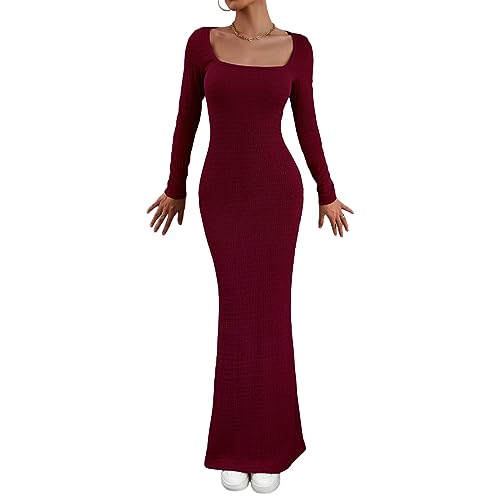 Frauen Strickkleid, Langarm quadratischer Ausschnitt Solide Slim Fit Herbst Cocktailkleid Langes Kleid, weinrot, X-Large von Achlibe