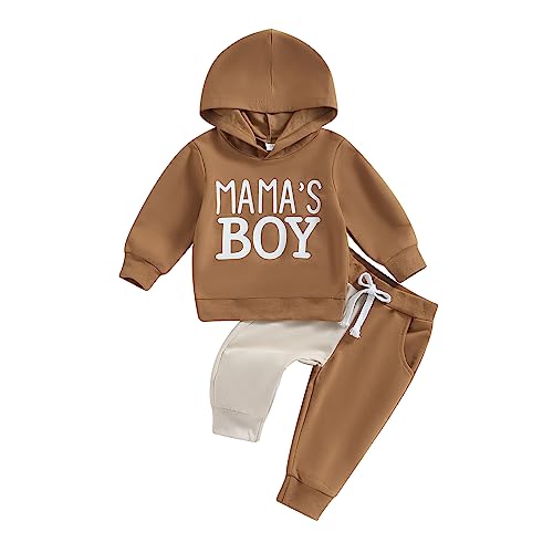 Kleinkind Baby Jungen ''Mama's Boy'' Kleidung Outfit Langarm Briefdruck Hoodie + Hose Kleidung Set (A-Khaki, 0-6 Months) von Achlibe