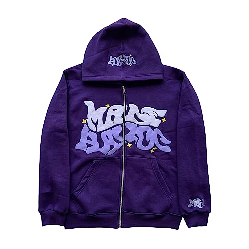 Männer Frauen Y2k Zip up Hoodie Jacke Mantel Goth Grafiken Harajuku Kapuze Zipper Pullover Strickjacke Sweatshirt (A-Purple, L) von Achlibe