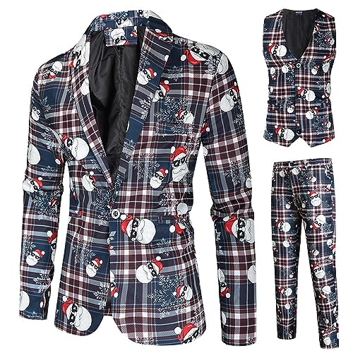 Achlibe Smoking Anzüge für Männer 3 Stück Regular Fit Anzug Schneeflocke Schneemann Print Blazer Jacke Hosen Westen Weihnachten Männer Anzug Set, Blau kariert, XX-Large von Achlibe