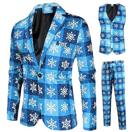 Achlibe Smoking Anzüge für Männer 3 Stück Regular Fit Anzug Schneeflocke Schneemann Print Blazer Jacke Hosen Westen Weihnachten Männer Anzug Set, Himmelblaue Schneeflocke, Large von Achlibe