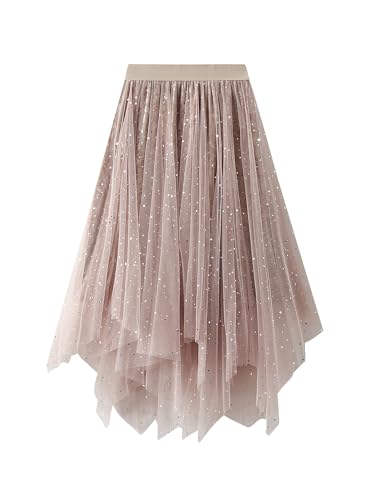 Unregelmäßiger Tüll-Tutu-Rock für Damen, lässig, glänzend, Stern-Pailletten, elastisches Netzgewebe, Prinzessinnenrock für Streetwear, B-apricot, Einheitsgröße von Achlibe