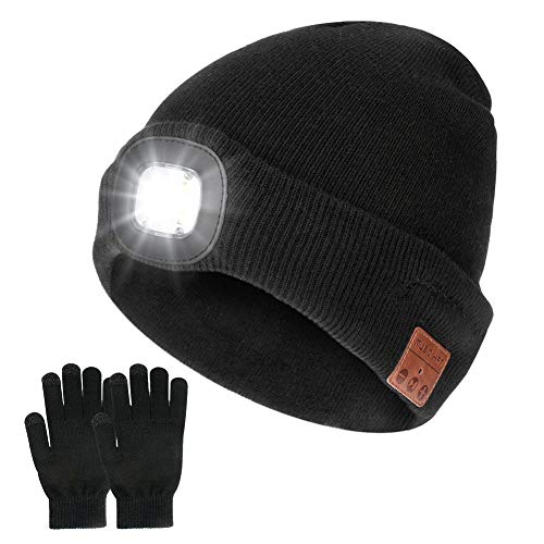 Kabellose Bluetooth-Beanie mit LED-Stirnlampe V 5.0, mit Touchscreen-Handschuhen. Mit USB zum Wiederaufladen für Musik. Waschbare Mütze für Herren und Damen zum Laufen, Skifahren, Wandern, Camping von Achort