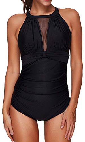 Achruor Badeanzug Damen Bauchweg Monokini Schlankheits Raffung Push Up Einteiler High Neck Bademode Frauen Strandmode Schwimmanzug, Schwarz, XX-Large (EU 42-44) von Achruor