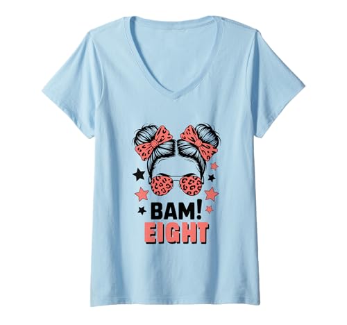 Damen 8. Geburtstag Mädchen Messy Bun Bäm! Acht Jahre Alt T-Shirt mit V-Ausschnitt von Achter Geburtstag & 8. Geburtstag Design