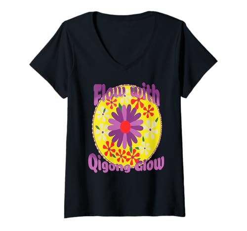 Damen Fließe mit Qigong Energieblüte und Blumenharmonie T-Shirt mit V-Ausschnitt von Achtsame Wellness- und Blumenbewegungsliebhaber