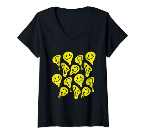 Damen Acid Techno Smileys Distored House Rave DJ Club 303 T-Shirt mit V-Ausschnitt Damen Acid Techno Smileys Distored House Rave DJ Club 303 T-Shirt mit V-Ausschnitt von Acid Techno Smileys Distored House