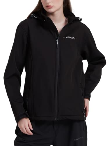 Acme Projects, Frauen, Mit Fleece gefütterte Softshell-Jacke mit abnehmbarer Kapuze, wasserdicht, atmungsaktiv, 8000 mm / 5000 g, YKK-Reißverschluss (schwarz, Damen, 38) von Acme Projects