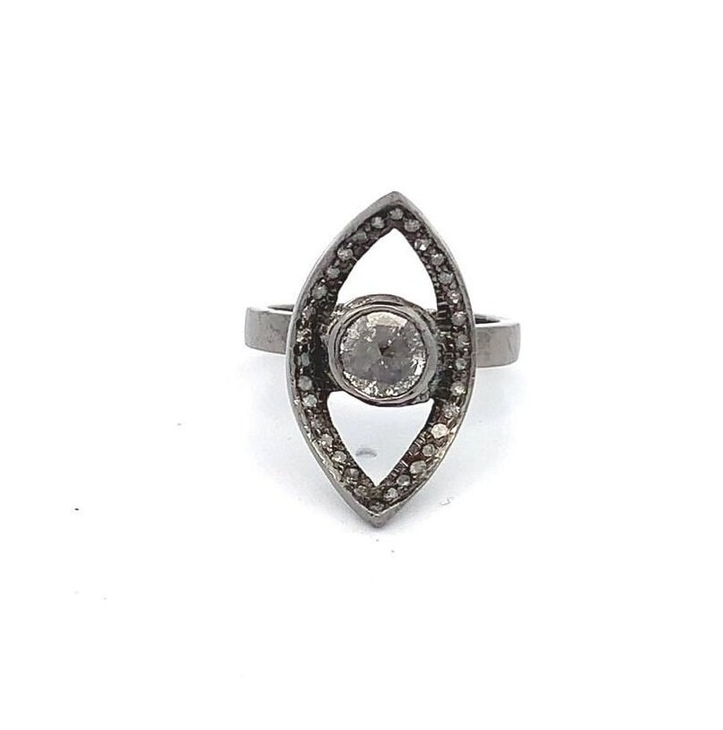 Farbiger Diamantring in .925 Sterlingsilber Oxidiert Mit Farbigen Diamanten Und Pave-Diamanten Größe 6, 5 Augendesign, Im Antiken Stil von AcmeJewels