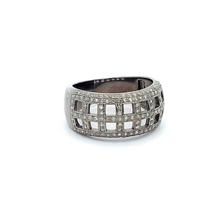 Karierter Design Diamant Bandring .925 Sterling Silber Pave Diamanten Größenverstellbar, Designer Ring, Geschenk Für Sie, Größe 7, 5 von AcmeJewels