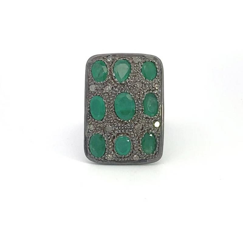 Smaragd Diamant Ring in .925 Sterling Silber Oxidiert Mit Pave Diamanten & Edelstein, Geschenk Für Sie, Größe 14, 5 von AcmeJewels