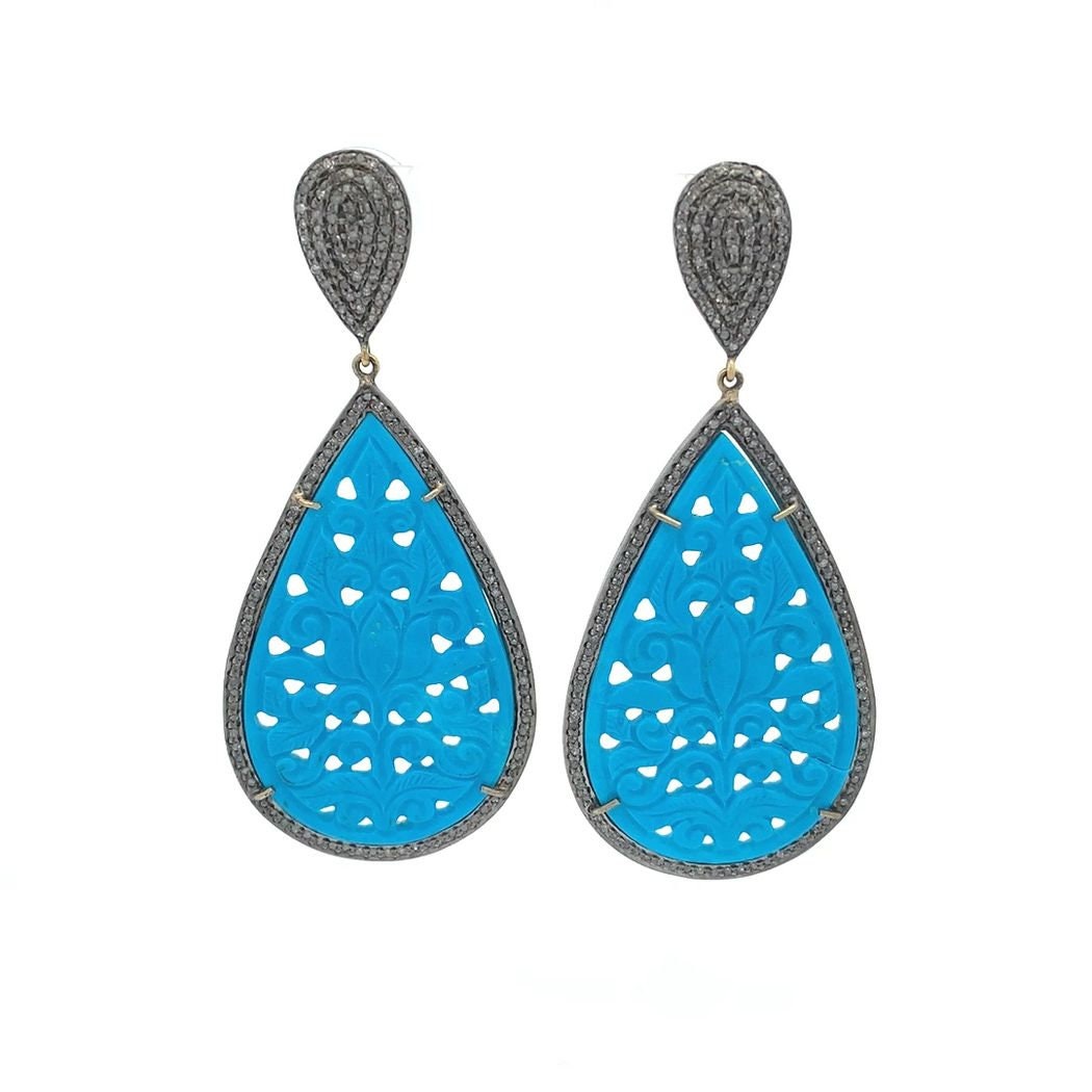 Türkis Baumeln Geschnitzte Ohrringe, Ebnen Oxidierten Schmuck, 14K Gold 925 Sterling Natürliche Geschenk Für Mutter von AcmeJewels