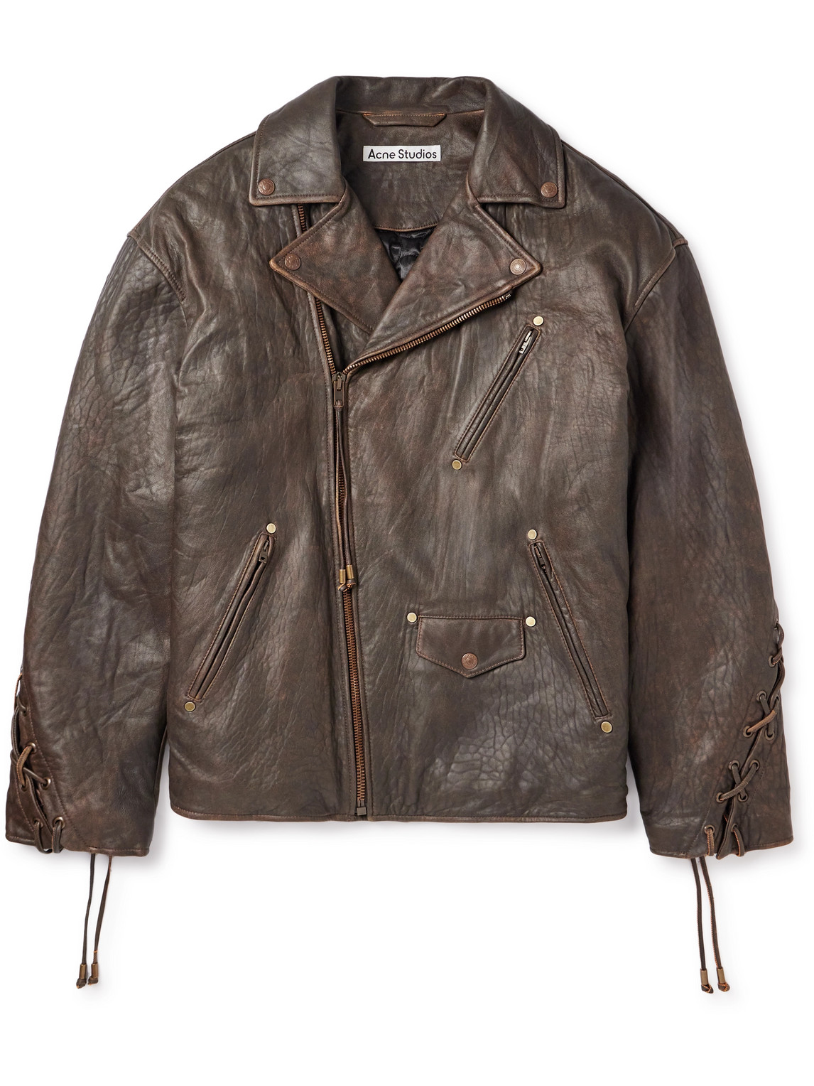 Acne Studios - Braid-Trimmed Textured-Leather Biker Jacket - Men - Brown - IT 52 von Acne Studios
