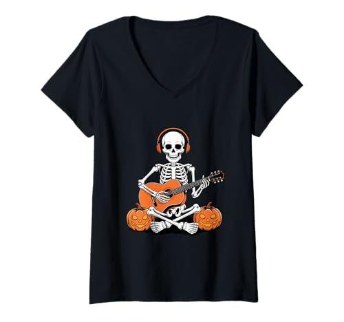 Damen Halloween Skelett Akustikgitarre Gitarrist T-Shirt mit V-Ausschnitt von Acoustic Guitar Guitarist Gifts