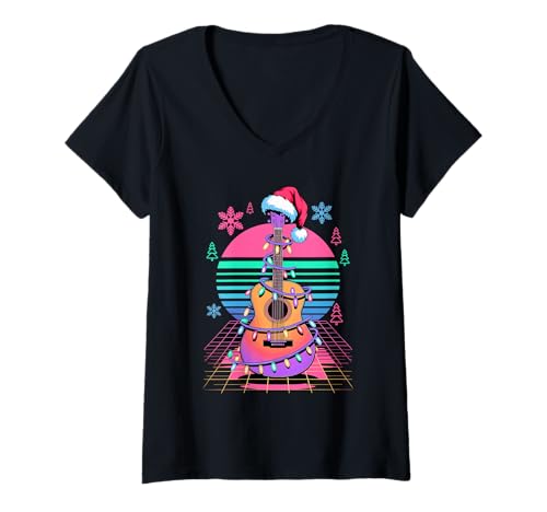 Damen Weihnachten Synthwave Akustikgitarre Gitarrist T-Shirt mit V-Ausschnitt von Acoustic Guitar Guitarist Gifts