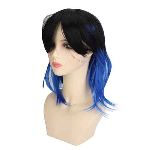 Cosplay-Perücke mit Kurzem Haar, Flauschige Schwarz-blaue Farbe, Modische Haarperücke für Halloween, Weihnachten, Kostümparty von Acouto