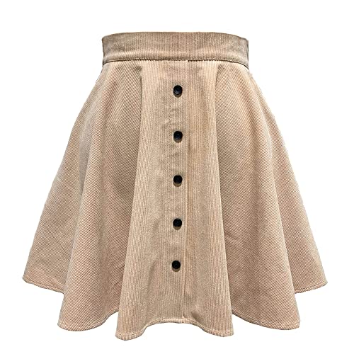 Acramy Damen Basic Solid Rock Hohe Taille Kurz Faltenrock A-Linie Rock mit Knöpfen (L, Beige) von Acramy