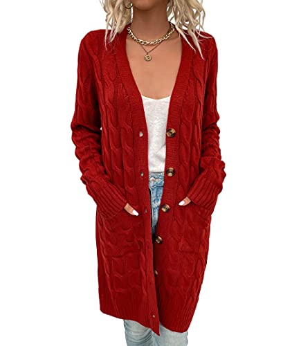 Acramy Damen Mantel Herbst Winter Strickjacke Lang Grobstrick Cardigan Strickmantel mit Knöpfen (L, Rot) von Acramy