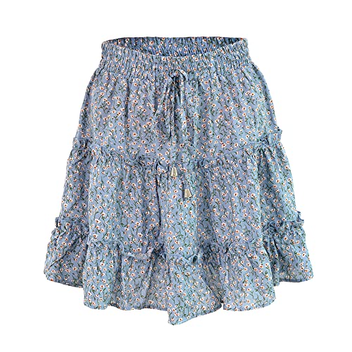 Acramy Damen Kurze Röcke A-Linie Faltenrock Mini Sommerrock Boho Rock (L, Blau) von Acramy